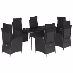 vidaXL Set da Pranzo da Giardino 7 pz Nero con Cuscini in Polyrattan - Vista aggiuntiva 2