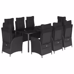 vidaXL Set da Pranzo da Giardino 9 pz con Cuscini Nero in Polyrattan - Vista aggiuntiva 2