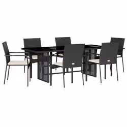 vidaXL Set da Pranzo da Giardino 7 pz Nero con Cuscini in Polyrattan - Vista aggiuntiva 2