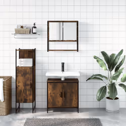 vidaXL Set Mobili da Bagno 3 pz Rovere Fumo in Legno Multistrato - Vista aggiuntiva 3