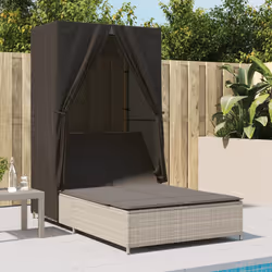 vidaXL Lettino Prendisole Tetto e Tende Grigio Chiaro in Polyrattan - Vista aggiuntiva 3