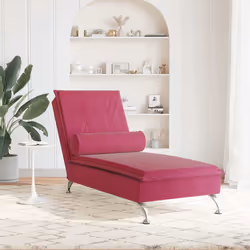 vidaXL Chaise Longue Massaggi con Cuscino a Rullo Rosso Vino Velluto - Vista aggiuntiva 3