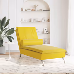 vidaXL Chaise Longue Massaggi con Cuscino a Rullo Giallo in Velluto - Vista aggiuntiva 3