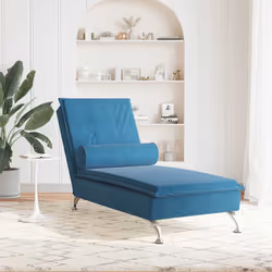 vidaXL Chaise Longue Massaggi con Cuscino a Rullo Blu in Velluto - Vista aggiuntiva 3