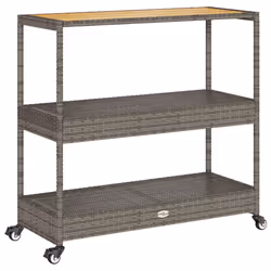 vidaXL Carrello da Bar 3 Livelli Grigio Polyrattan e Massello Acacia - Vista aggiuntiva 2