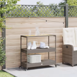 vidaXL Carrello da Bar 3 Livelli Grigio Polyrattan e Massello Acacia - Vista aggiuntiva 3