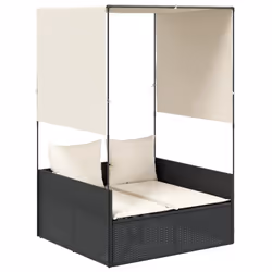 vidaXL Lettino Prendisole con Tetto e Tende Nero in Polyrattan - Vista aggiuntiva 2