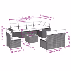 vidaXL Set Divano da Giardino 9 pz con Cuscini Grigio in Polyrattan - Vista aggiuntiva 3
