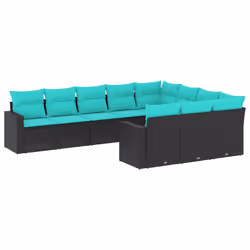 vidaXL Set Divani da Giardino 10 pz con Cuscini Nero in Polyrattan - Vista aggiuntiva 2