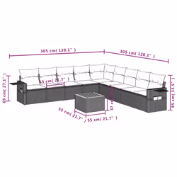 vidaXL Set Divani da Giardino 10pz con Cuscini in Polyrattan Nero - Vista aggiuntiva 3