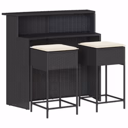 vidaXL Set Bar da Giardino 3 pz con Cuscini in Polyrattan Nero - Vista aggiuntiva 2