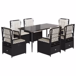 vidaXL Set da Pranzo da Giardino 7 pz Nero con Cuscini in Polyrattan - Vista aggiuntiva 2