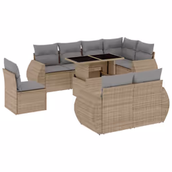 vidaXL Set Divano da Giardino 9 pz con Cuscini Beige in Polyrattan - Vista aggiuntiva 2