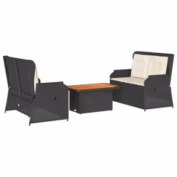 vidaXL Set Divani da Giardino 3 pz con Cuscini Nero in Polyrattan - Vista aggiuntiva 2