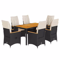 vidaXL Set da Pranzo da Giardino 7 pz Nero con Cuscini in Polyrattan - Vista aggiuntiva 2