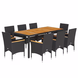 vidaXL Set Pranzo da Giardino 9 pz con Cuscini Nero Polyrattan Acacia - Vista aggiuntiva 2