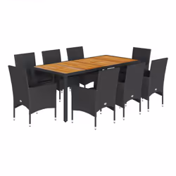 vidaXL Set Pranzo da Giardino 9 pz con Cuscini Nero Polyrattan Acacia - Vista aggiuntiva 2