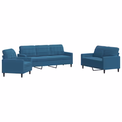 vidaXL Set di Divani 3 pz con Cuscini Blu in Velluto - Vista aggiuntiva 2