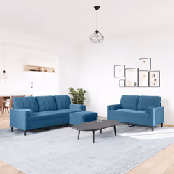 vidaXL Set di Divani 3 pz con Cuscini e Rinforzi Blu in Velluto - Vista aggiuntiva 3