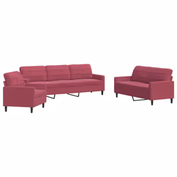 vidaXL Set di Divani 3 pz con Cuscini Rosso Vino in Velluto - Vista aggiuntiva 2