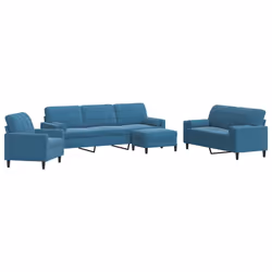 vidaXL Set di Divani 4 pz con Cuscini e Rinforzi Blu in Velluto - Vista aggiuntiva 2