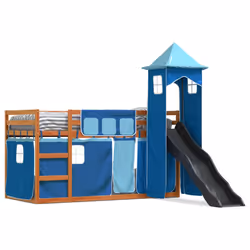 vidaXL Letto a Castello con Scivolo e Tende Blu 90x200 cm - Vista aggiuntiva 2