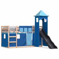 vidaXL Letto a Castello con Scivolo e Tende Blu 80x200 cm - Vista aggiuntiva 2