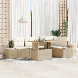 Set da Pranzo per Giardino da 6 Pezzi con Cuscini Beige Poly Rattan Acacia Vidaxl