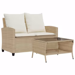 vidaXL Divano Giardino 2 Posti con Cuscini e Tavolo Beige Polyrattan - Vista aggiuntiva 2