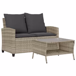 vidaXL Divano 2 Posti con Cuscini e Tavolo Grigio Chiaro Polyrattan - Vista aggiuntiva 2