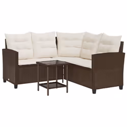 vidaXL Divano da Giardino con Tavolo e Cuscini a L Marrone Polyrattan - Vista aggiuntiva 2