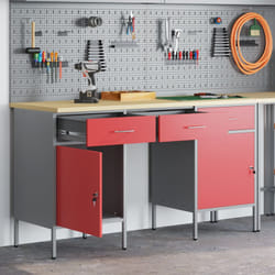 Set armadi e tavolo da lavoro 3 pezzi Vidaxl in legno ingegnerizzato e acciaio rosso