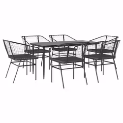 vidaXL Set Pranzo da Giardino 7 pz Nero con Cuscini Polyrattan Vetro - Vista aggiuntiva 2