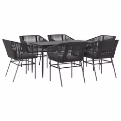 vidaXL Set Pranzo da Giardino 7 pz Nero con Cuscini Polyrattan Vetro - Vista aggiuntiva 2