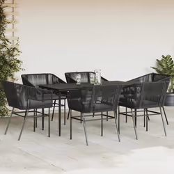 vidaXL Set Pranzo da Giardino 7 pz Nero con Cuscini Polyrattan Vetro - Vista aggiuntiva 3