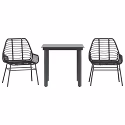 vidaXL Set Mobili da Pranzo per Giardino 3 pz Nero Polyrattan Vetro - Vista aggiuntiva 2