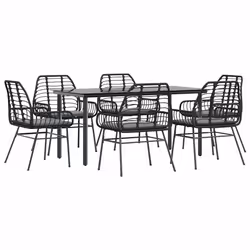 vidaXL Set Pranzo da Giardino 7 pz Nero con Cuscini Polyrattan Vetro - Vista aggiuntiva 2