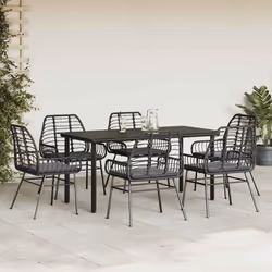 vidaXL Set Pranzo da Giardino 7 pz Nero con Cuscini Polyrattan Vetro - Vista aggiuntiva 3