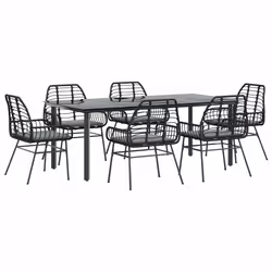 vidaXL Set Pranzo da Giardino 7 pz Nero con Cuscini Polyrattan Vetro - Vista aggiuntiva 2