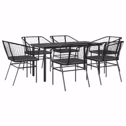vidaXL Set Pranzo da Giardino 7 pz Nero con Cuscini Polyrattan Vetro - Vista aggiuntiva 2