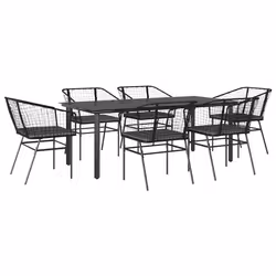 vidaXL Set Pranzo da Giardino 7 pz Nero con Cuscini Polyrattan Vetro - Vista aggiuntiva 2