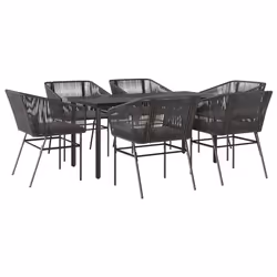 vidaXL Set Pranzo da Giardino 7 pz Nero con Cuscini Polyrattan Vetro - Vista aggiuntiva 2