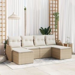 Set di divani da giardino a 6 pezzi con cuscini beige in polirattan, Divano da giardino a 2 posti con cuscini beige in polirattan