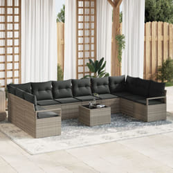 Set divani giardino 11 pezzi con cuscini grigi in polirattan, Divano giardino 2 posti con cuscini grigi in polirattan
