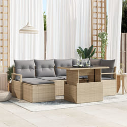 Set Divano Giardino 7 Pezzi Cuscini Beige Rattan Poly, Divano Giardino 2 Posti Cuscini Beige Rattan Poly