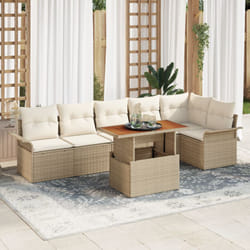 Set da Pranzo da Giardino di 7 Pezzi con Cuscini Beige Polyrattan Acacia Vidaxl