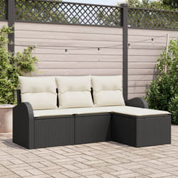 Set di Divani da Giardino 4 Pezzi con Cuscini Rattan pe Nero, Divano da Giardino 2 Posti con Ripostiglio & Cuscini Rattan pe Nero