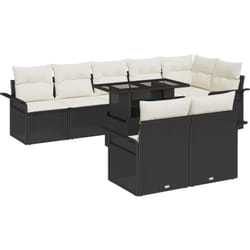 Set di divani da giardino 9 pezzi con cuscini in rattan sintetico nero, Divano da giardino a 2 posti con contenitore e cuscini in rattan sintetico