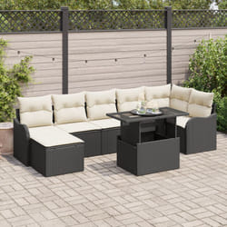 Set Divani Giardino 8 Pezzi Cuscini Nero Rattan Polietilene, Divano Giardino 2 Posti Contenitore Cuscini Nero Rattan Polietilene