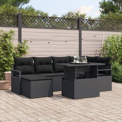 Set Divani Giardino vidaXL 7 Pezzi con Cuscini Nero Polyrattan, Divano Giardino 2 Posti vidaXL con Contenitore e Cuscini Nero Polyrattan